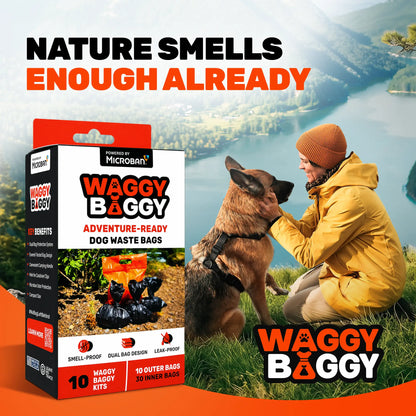 Cleanwaste Waggy Baggy - Adventure-Ready Smell-Proof Dog Waste Bags with Dual Bag System & Convenient Carry Handle, 10 Count