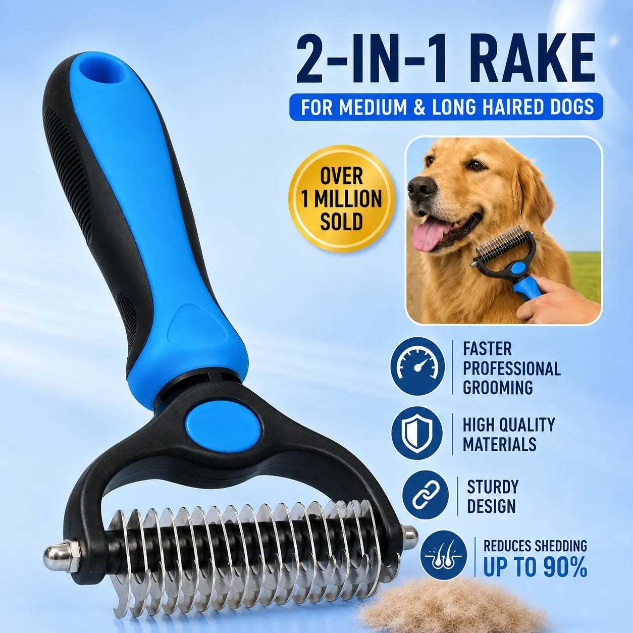 Ultimate Pet Grooming Rake - Double-Sided Deshedding & Dematting Tool for Dogs & Cats, Extra-Wide Brush Reduces Shedding by 95%!