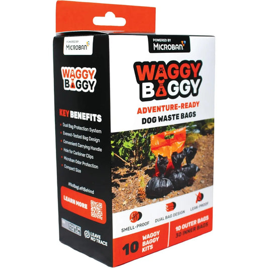 Cleanwaste Waggy Baggy - Adventure-Ready Smell-Proof Dog Waste Bags with Dual Bag System & Convenient Carry Handle, 10 Count